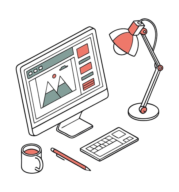 isometric illustration of a creative workspace with a computer desk lamp keyboard and mug