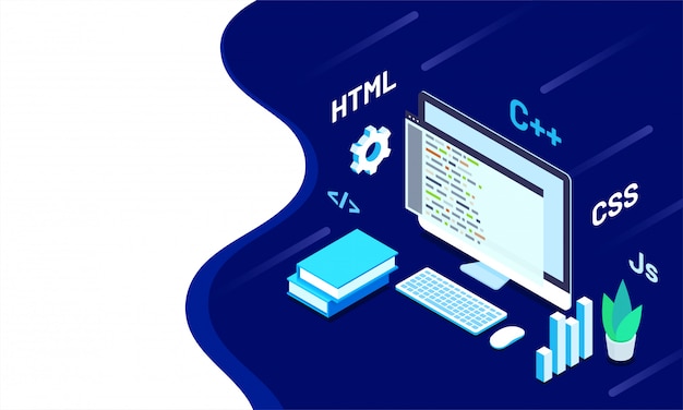 Isometric illustration of programmer desktop.