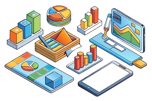 Isometric illustration of various data analysis and visualization charts graphs and diagrams