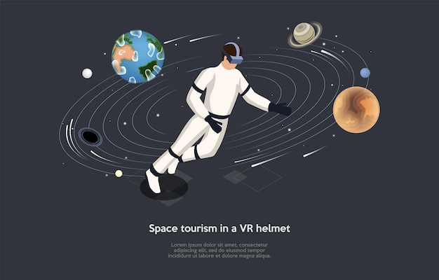 Isometric Illustration. Vector Cartoon Style Composition, 3D Design. Characters, Writing And Elements On Dark Background. VR Helmet Space Tourism, Astronaut Training, Spaceman Interactive Education.