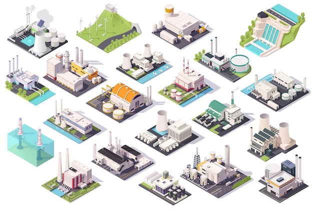 Isometric industrial factory set showcasing various structures and facilities vector illustration
