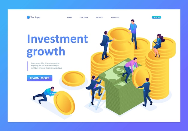 Isometric investment growth investors carry money to the bank Landing page concepts and web design
