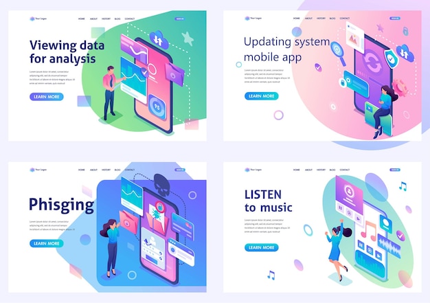 isometric landing pages with smartphone software system update data collection phishing links music