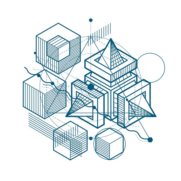 Isometric linear abstract vector background, lined abstraction. Cubes, hexagons, squares, rectangles and different abstract elements.
