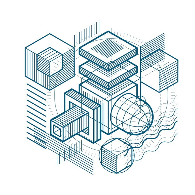 Isometric linear abstract vector background, lined abstraction. Cubes, hexagons, squares, rectangles and different abstract elements.