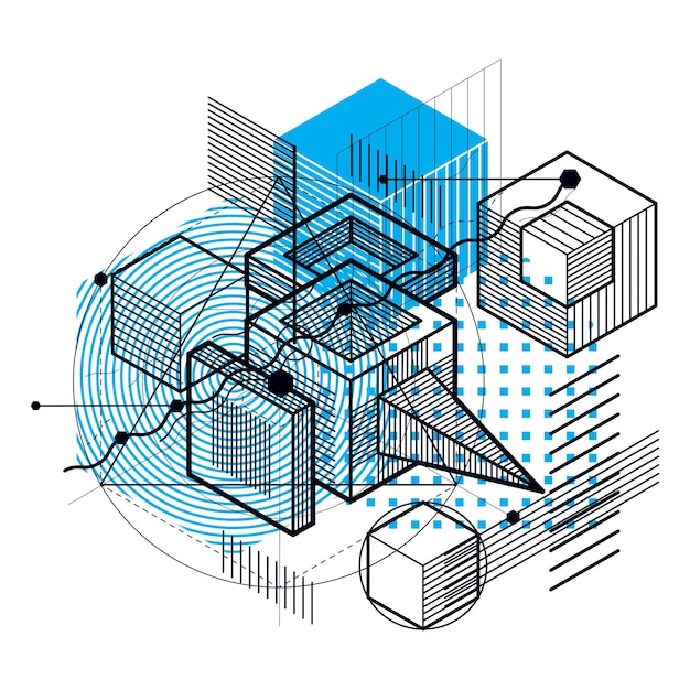 Isometric linear abstract vector background, lined abstraction. Cubes, hexagons, squares, rectangles and different abstract elements.