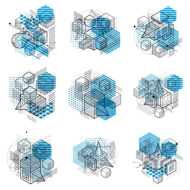 Isometric linear abstract vector backgrounds, lined abstractions. Cubes, hexagons, squares, rectangles and different abstract elements. Vector set.