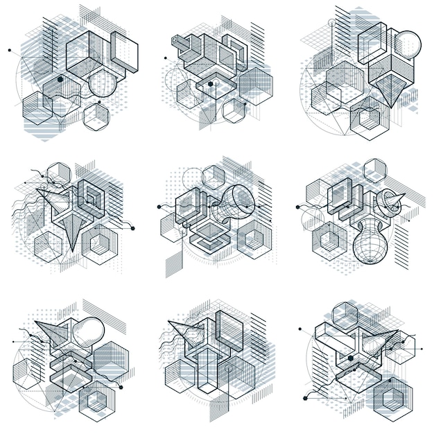 Isometric linear abstract vector backgrounds, lined abstractions. Cubes, hexagons, squares, rectangles and different abstract elements. Vector set.