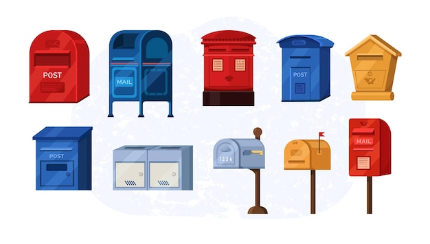Isometric mailbox set. Postbox for paper letters newspapers correspondence delivery. Retro modern containers for post service shipment paper correspondence. Receive send mail communication flat vector