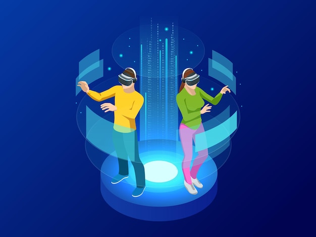 isometric man and woman wearing virtual reality goggles. augmented realty concept. man wearing goggle headset with touching vr interface. into virtual reality world. future technology.