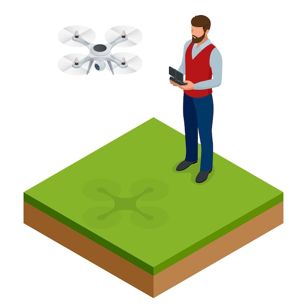 isometric man with drone quadrocopter, remote aerial drone with a camera taking photography or video recording. game sevremennaya, isometrics businessman. on a light background. vector illustration.