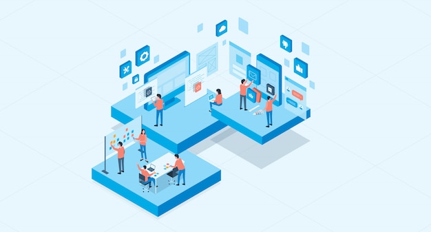 isometric mobile application and web design development process concept and group business team working