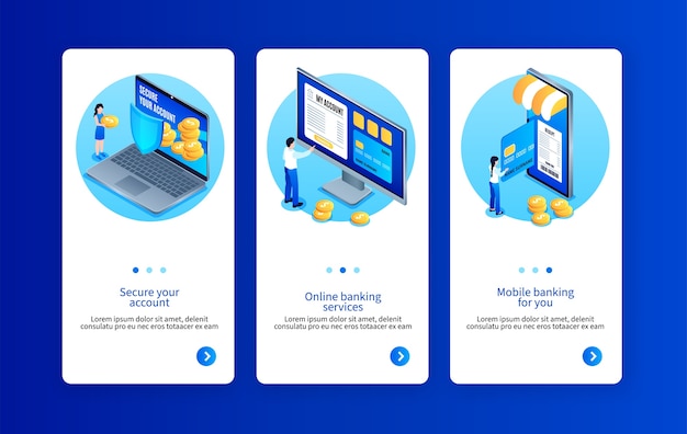 Isometric mobile banking services app design template collection with people using online banking on big devices