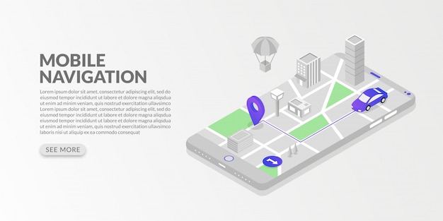 isometric mobile gps navigation and tracking with city map and marker