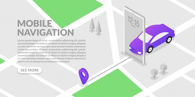 Isometric mobile gps navigation and tracking with city map and marker