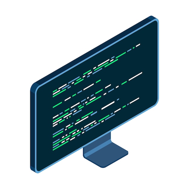 Isometric monitor Computer monitor isometric desktop Program code on a monitor screen Modern monitor Vector illustration