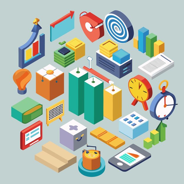 Isometric Office and Business Icons Set 3D Vector Illustrations for Productivity