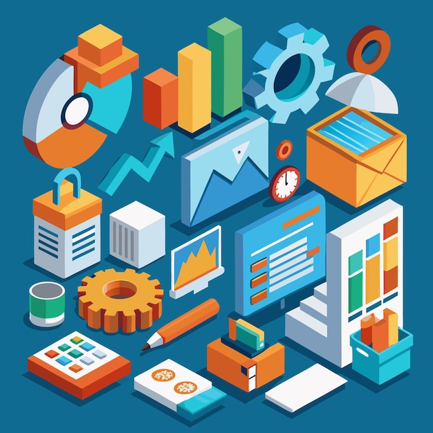 Isometric Office and Business Icons Set 3D Vector Illustrations for Productivity