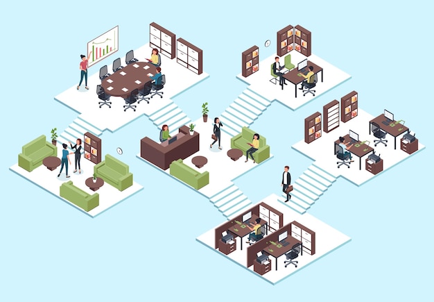 Isometric office. Business people team working together, employees in 3d interior teamwork, presentation and workspace concept.