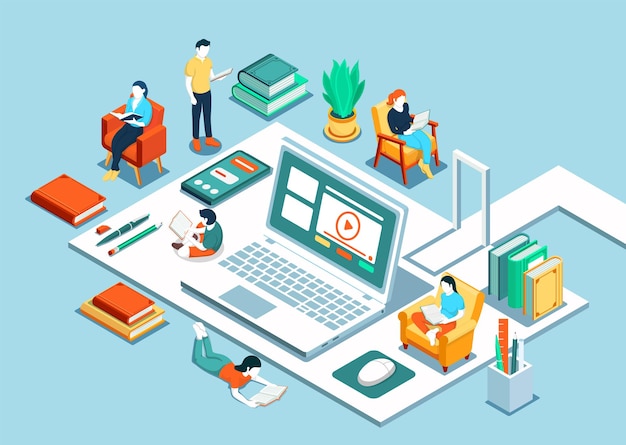 Isometric online education The concept of learning and reading books Modern flat design for traini
