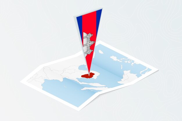 Isometric paper map of Cambodia with triangular flag of Cambodia in isometric style Map on topographic background