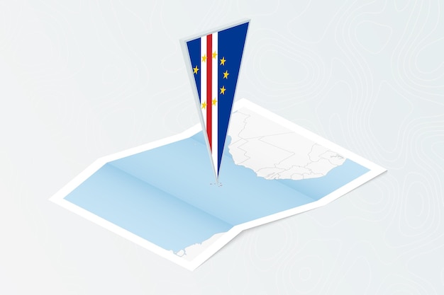 Isometric paper map of Cape Verde with triangular flag of Cape Verde in isometric style Map on topographic background