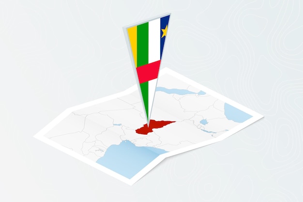 isometric paper map of central african republic with triangular flag of central african republic in isometric style map on topographic background