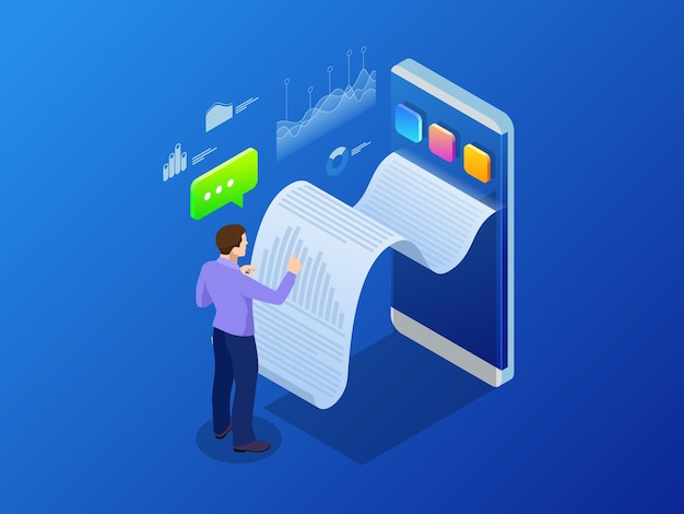 Isometric receipt of statistics data, notification on financial transaction, mobile bank, smartphone with a paper bill. Analysis and statistic online services.