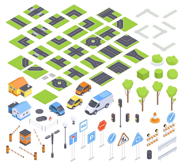 Isometric roads 3d city constructor Urban street road signposts traffic light billboard and street lighting 3D vector illustration set City road map elements