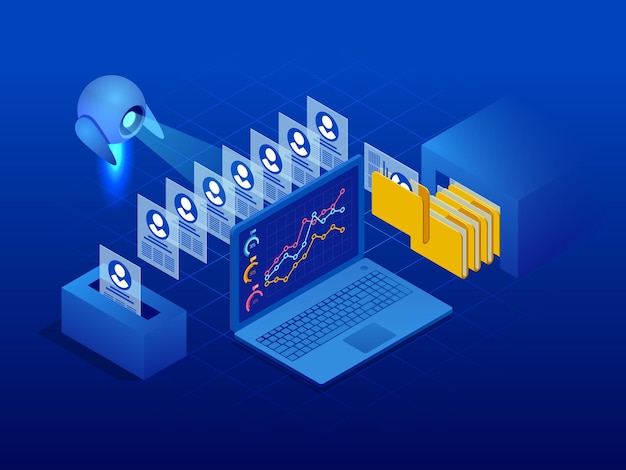isometric robot analyzes the database of employees or personnel. data processing. robot hr manager. artificial intelligence working for big data analysis.