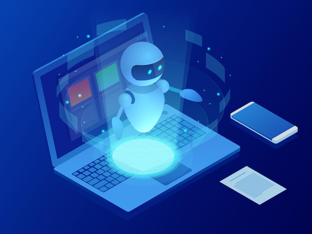 Isometric robot learning or solving problems concept. Artificial intelligence business vector illustration. Science teacher bot. Knowledge Expertise Intelligence Learn. Online training banner.