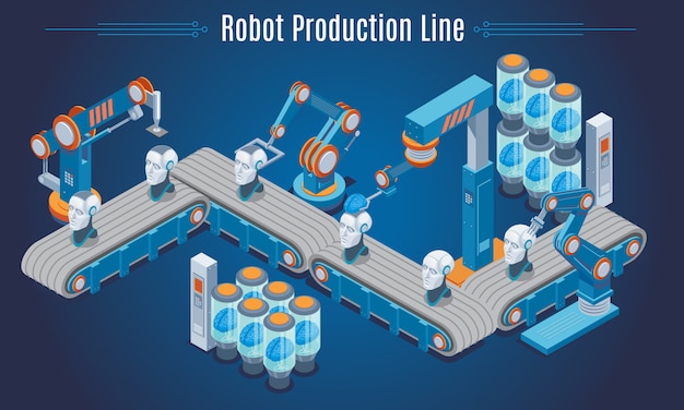 isometric robot production line template with industrial robotic arms creating cyborg heads isolated 