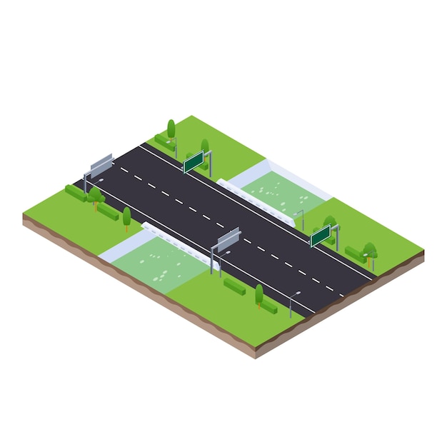 isometric scene of highway traffic road with sign and river canal