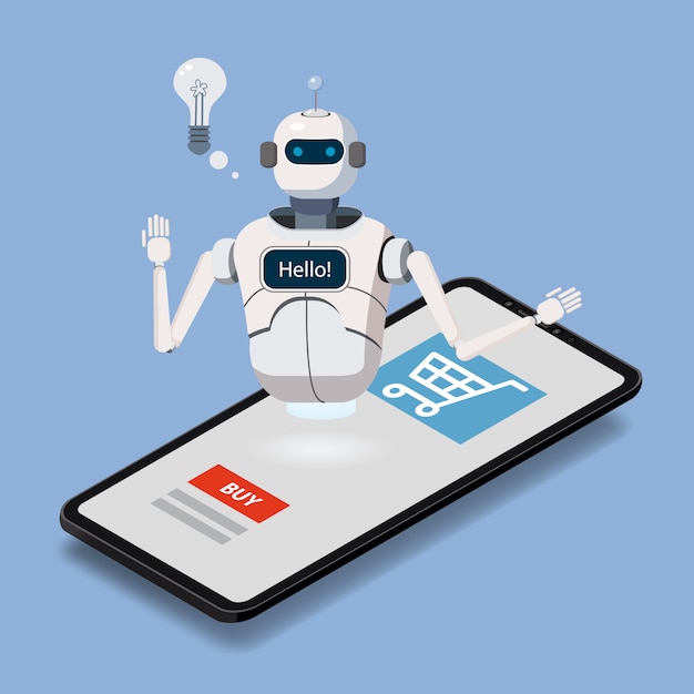 Isometric Science Chat bot, smartphone concept. On line store assistent