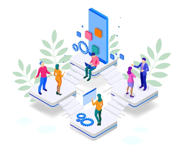 isometric seo optimization and analytics team modern landing page design concept.