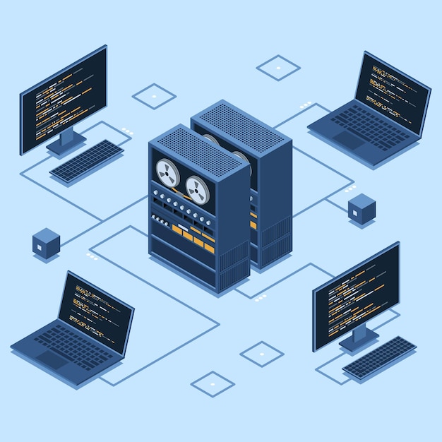 Isometric server connecting computers Network connection Computing internet digital technology Web hosting concept Isometric technology