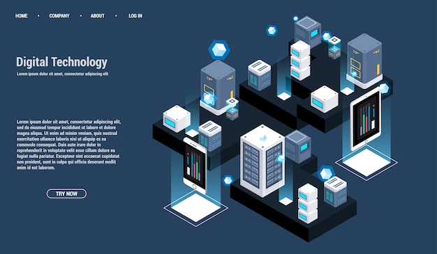 Isometric Server room and big data processing concept, datacenter and data base icon