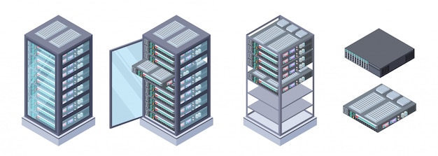 Isometric servers, data storages vector. 3D computer equipment isolated on white background