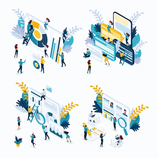 isometric set concept templates for business solutions, startup, planning and strategy. modern vector illustration concepts for website