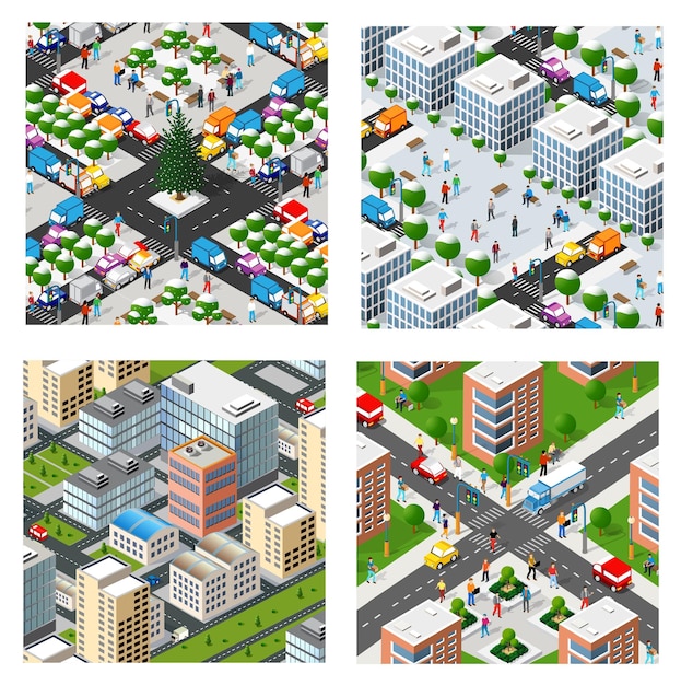 isometric set of blocks module of areas of the city construction and designing