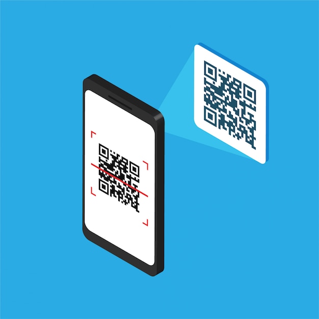 isometric smartphone with qr code on screen. process scanning code by phone. qr label sticker. vector illustration isolated