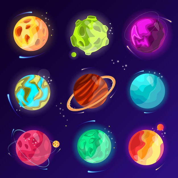 Isometric space and space with planets Colorful planets of fantasy cartoons