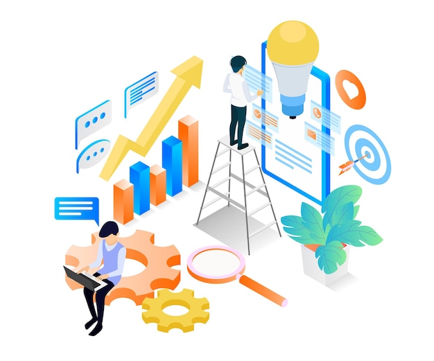 isometric style illustration about a content creator with his creative ideas