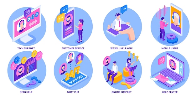 Isometric technical support set of isolated circle compositions with gadgets computers human characters and text captions vector illustration