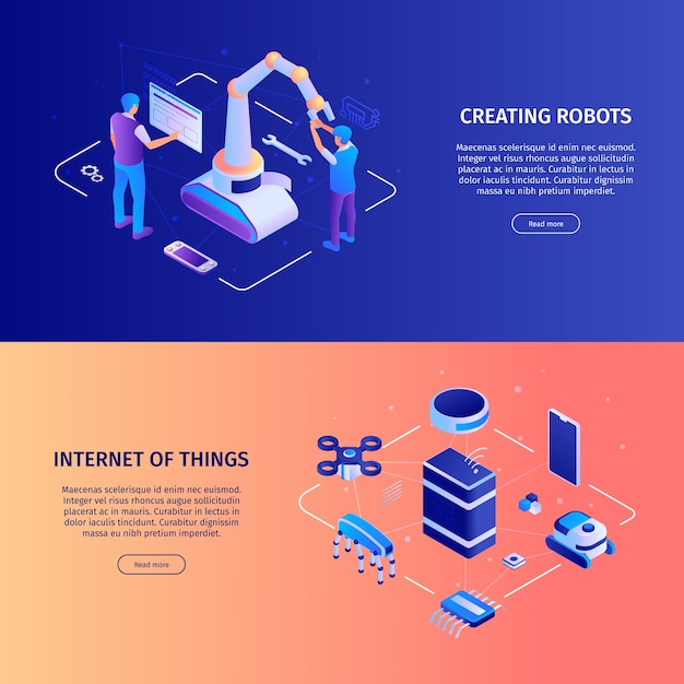 Isometric technology horizontal banner template set
