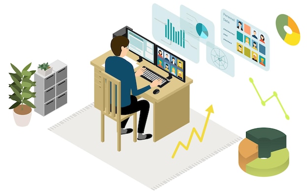 Isometric teleworking people working from home are having an online meeting