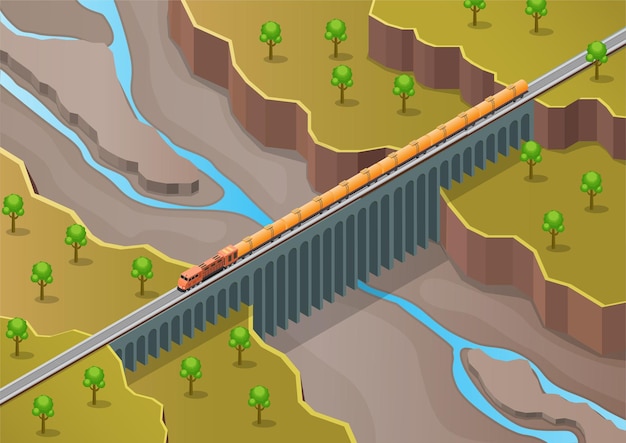 isometric train crossing over the bridge with river and trees