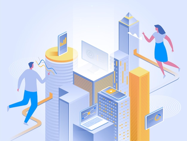 Isometric vector concept of smart city or intelligent building. Building automation with computer networking illustration. IoT platform as future technology. Management system thematic background.