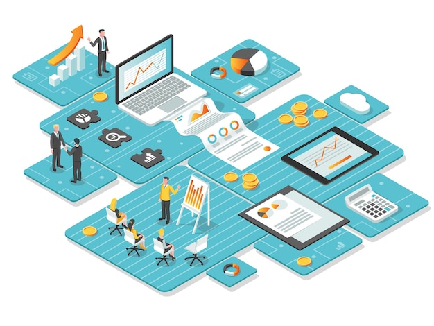 Isometric vector illustration of a business analytics dashboard with people charts and financial symbols on a light blue background Vector illustration