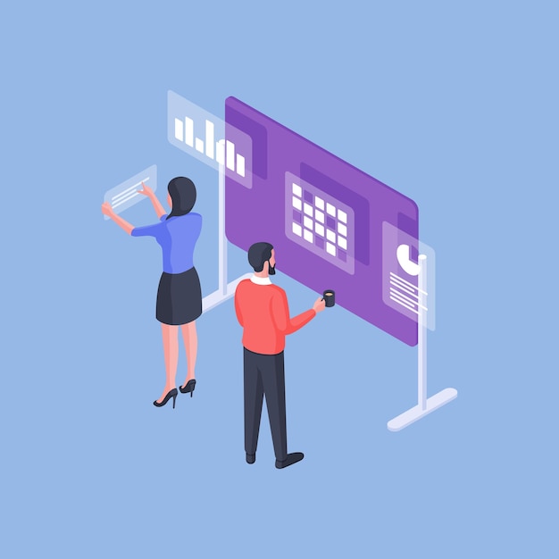 Isometric vector illustration of man and woman analyzing various data on whiteboard during work in office against blue background